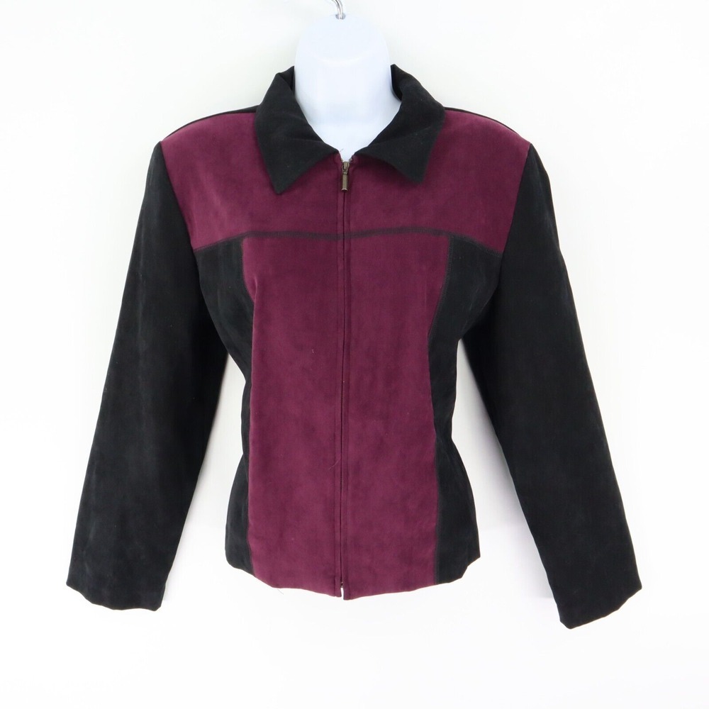 Briggs Full Zip Blazer Jacket Womens‎ Sz PM Black Purple Lined Shoulder Pads